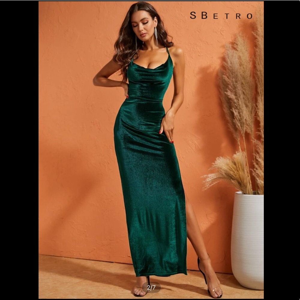 Draped Front Crisscross Tie Back Velvet Split Thigh Dress